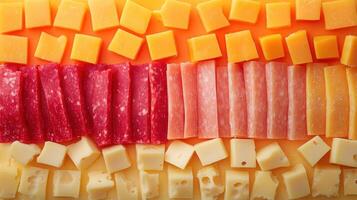 Assortment of Different Types of Cheese and Salami Sliced into Cubes and Strips photo