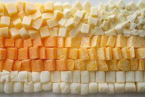 Three Rows of Diced Cheese, Yellow, Orange, and White photo