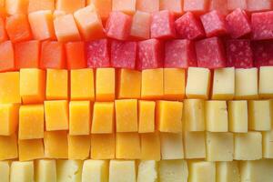 Close-up of Colorful Cubes of Cheese Arranged in Rows photo