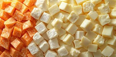 A Close-Up View of Three Different Types of Cut Cheese photo