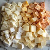 Assortment of Cubed Cheeses on a Marble Surface photo