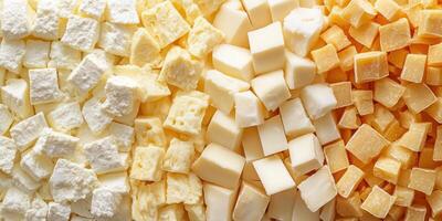 A Close-Up View of Three Different Types of Cheese, Cut into Cubes photo