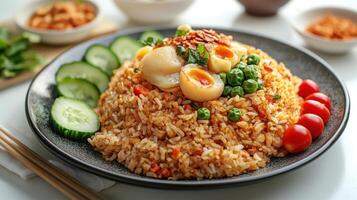 Fried Rice with Soft Boiled Eggs, Scallops, Peas, and Tomatoes photo