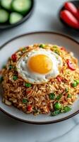 Fried Rice with a Sunny-Side Up Egg, Green Peas, and Red Pepper photo