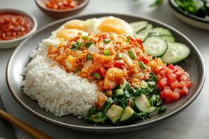 Stir-fried Seafood with White Rice and Cucumber Salad photo