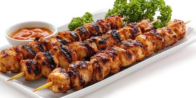 Grilled Chicken Skewers with Sauce and Parsley Garnish photo