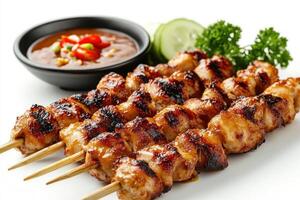 Grilled Chicken Skewers with Sauce and Garnish photo