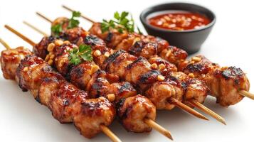 Grilled Chicken Skewers with Peanut Sauce and Parsley Garnish photo