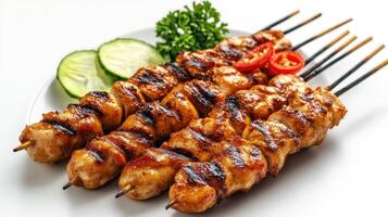 Grilled Chicken Skewers with Cucumber Slices and Parsley Garnish photo
