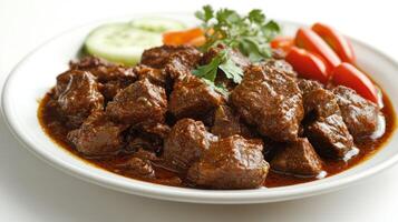 Beef Stew with Parsley, Cucumber, and Tomatoes on a White Plate photo