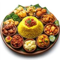 Indonesian Nasi Kuning with Various Accompaniments photo