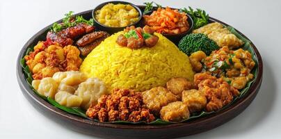 A Plate of Yellow Rice Surrounded by an Array of Deep-Fried and Stewed Side Dishes photo