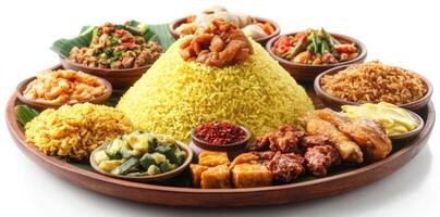 A platter of various Indonesian dishes including yellow rice, chicken, and vegetables. photo
