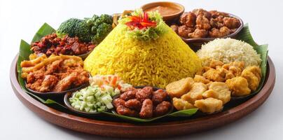 Indonesian Nasi Kuning with Various Side Dishes on Wooden Plate photo