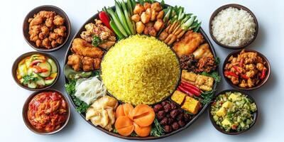 A Circular Platter of Yellow Rice with Various Sides, Including Fried Snacks and Vegetables photo