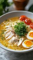 Close-up of Chicken Noodle Soup with Tomatoes, Parsley, and Eggs photo