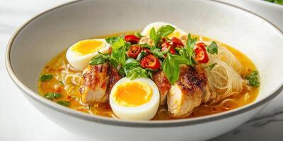 A bowl of chicken noodle soup with soft boiled egg and basil photo