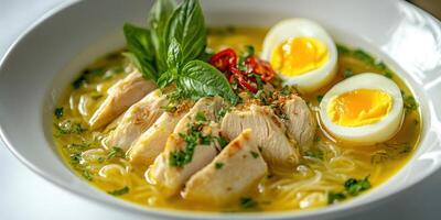 Chicken Noodle Soup with Hard-Boiled Eggs and Basil Garnish photo