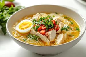 Chicken Noodle Soup with Egg, Chili Peppers, and Parsley in White Bowl photo