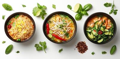 Three Asian Soup Bowls with Various Toppings on a White Background photo