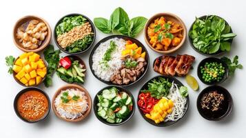 An Array of Vietnamese Dishes, Including Rice, Meat, and Vegetables, Served in Small Bowls photo