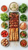 Grilled Meat and Fried Spring Rolls with Various Dips and Sides photo