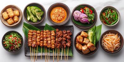 Grilled Skewers, Sides, and Dips on a Marble Surface photo