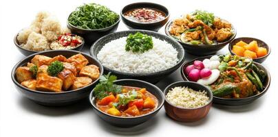 A Variety of Dishes in Black Bowls on a White Background photo