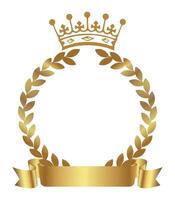 Realistic Golden Crown with Laurel Wreath and Gold Ribbon for text, isolated on white background. Golden laurel wreath with ribbon and crown. Illustrations of awards and honors vector