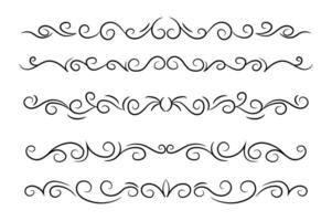 Set of decorative swirls divider. Collection of calligraphic objects for wedding invitation, greeting card, book divider, certificate design on black colour. vector