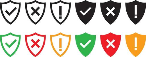 Shield check mark or cross mark icon set. Protect shield security symbol. Shield plus mark and Shield exclamation mark. Safety or protection sign vector
