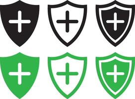 Shield plus mark icon set. Protect shield security symbol. Different style shields plus mark icons. Safety or protection sign vector