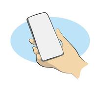 closeup hand holding mobile phone with blank screen illustration hand drawn sketch isolated on white background vector