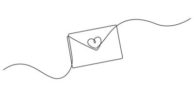 love message envelope with heart shape hand drawn one line drawing continuous valentine love vector