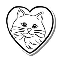 Heart Shape with Cat inside on white silhouette and gray shadow. Hand drawn cartoon style. illustration for decorate and any design. vector