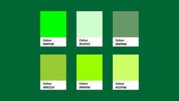 A vibrant color palette featuring six shades of green, ranging from bright neon to muted tones. Ideal for design projects needing a fresh, natural touch vector