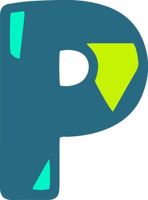 A bold, stylized letter P in teal with bright green and cyan accents. The modern design and vibrant colors make it perfect for creative projects and branding