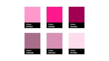 A vibrant color palette featuring six shades of pink and purple. Perfect for design projects, branding, and creative works. Each color is displayed in a rectangular swatch vector