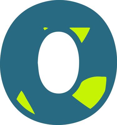 A stylized letter O in a modern font, featuring a teal color with bright green geometric accents. Ideal for contemporary design projects and branding