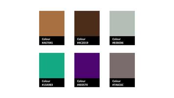 A vibrant color palette featuring six distinct shades, ranging from earthy browns and greens to bold purples and muted grays, perfect for design inspiration and creative projects vector