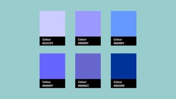 A palette featuring six shades of blue and purple, each displayed in a rectangular swatch with a black label indicating the color name. Ideal for design inspiration and color selection vector