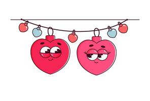 Retro characters hearts in groovy style. Couple in love, Lovely and psychedelic mascots with face. Happy Valentines day. Isolated on background vector