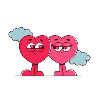 Retro characters hearts in groovy style. Couple in love, Lovely and psychedelic mascots with face. Happy Valentines day. Isolated on white background vector