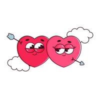 Retro characters hearts in groovy style. Couple in love, Lovely and psychedelic mascots with face, clouds, cupids arrow. Happy Valentines day. Isolated on white background vector