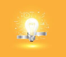 Creative light bulb idea 2025 new year with creative thinking drawing charts and graphs strategy plan, illustration vector