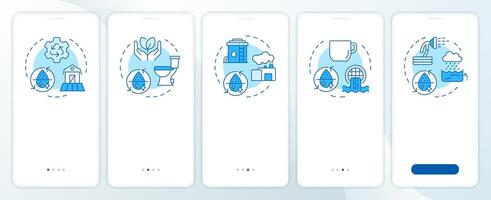 Types of water reuse blue onboarding mobile app screen. Recycling walkthrough 3 steps editable graphic instructions with linear concepts. UI, UX, GUI template vector