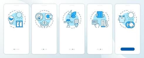 Energy saving tips blue onboarding mobile app screen. Power using walkthrough 4 steps editable graphic instructions with linear concepts. UI, UX, GUI template vector