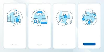 Water saving tips blue onboarding mobile app screen. Consumption walkthrough 5 steps editable graphic instructions with linear concepts. UI, UX, GUI template vector
