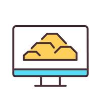Rocks pile on computer monitor RGB color icon. Digital technology in deposit ore exploration. Mineral data analysis. Isolated illustration. Simple filled line drawing. Editable stroke vector