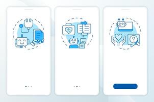 Types of medical chatbots blue onboarding mobile app screen. Walkthrough 3 steps editable graphic instructions with linear concepts. UI, UX, GUI template vector